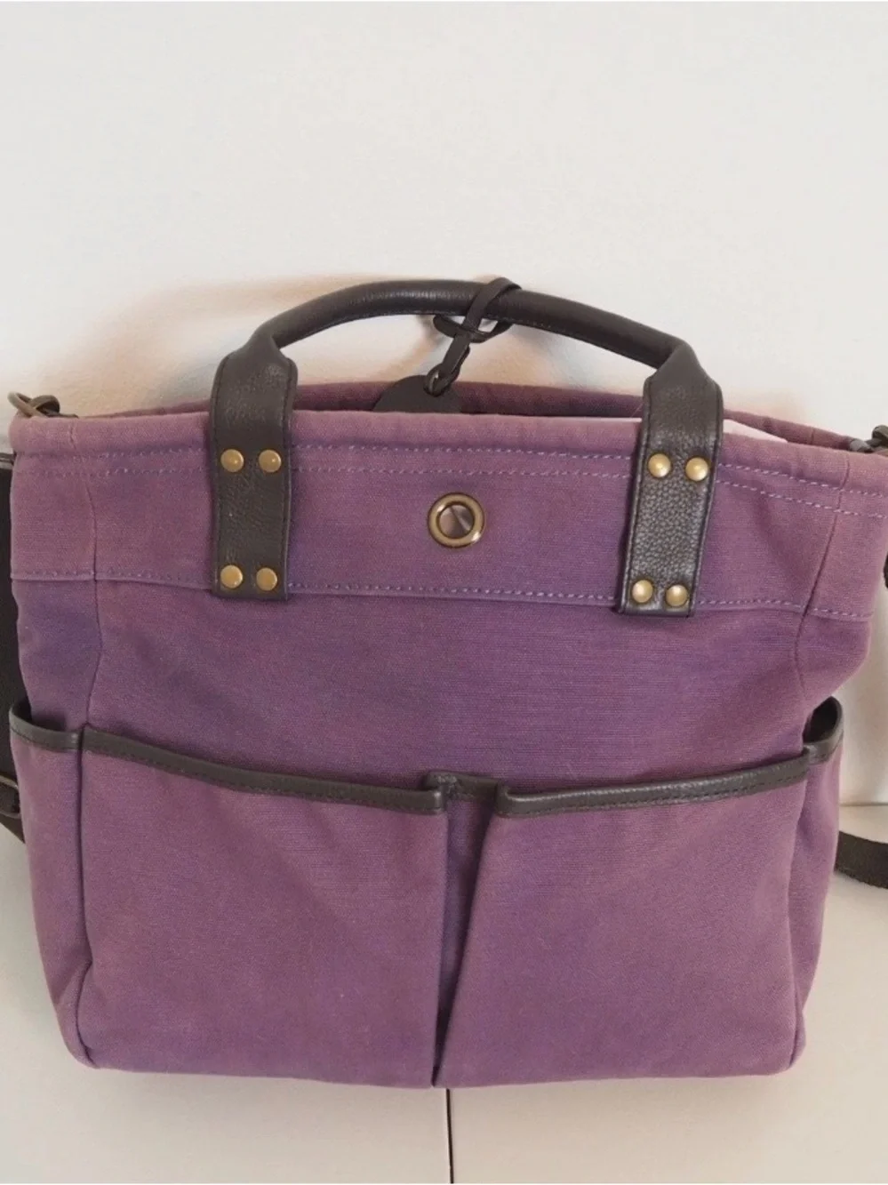 Levenger Purple Canvas Tote with Dark Brown Leather Trim